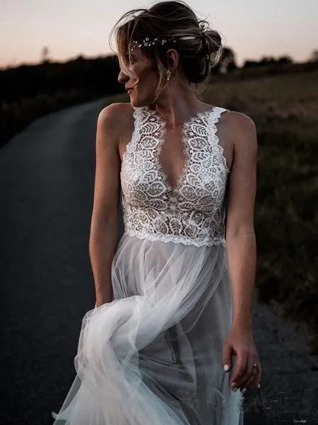 Lace Bodice Tulle Skirt Backless Bridal Gown Minimalist Wedding Dresses TN218
