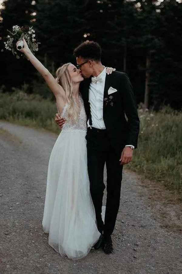 Lace Bodice Tulle Skirt Backless Bridal Gown Minimalist Wedding Dresses TN218