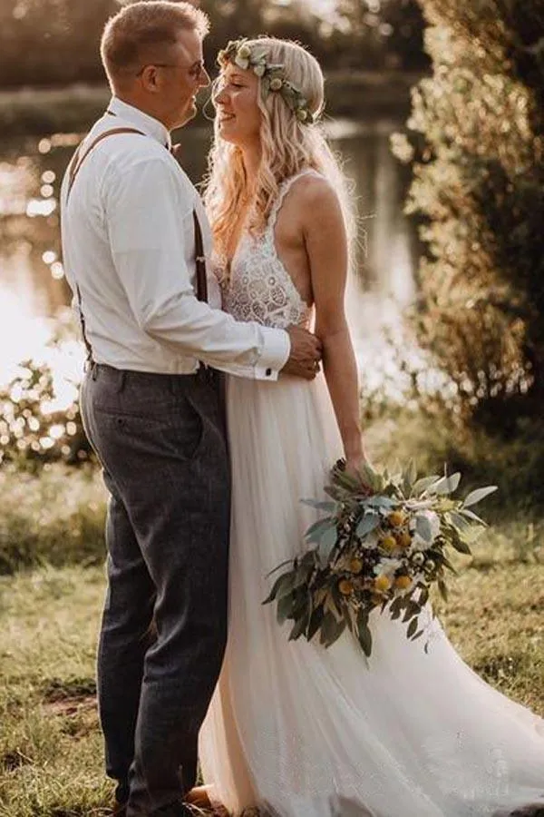 Lace Bodice Tulle Skirt Backless Bridal Gown Minimalist Wedding Dresses TN218