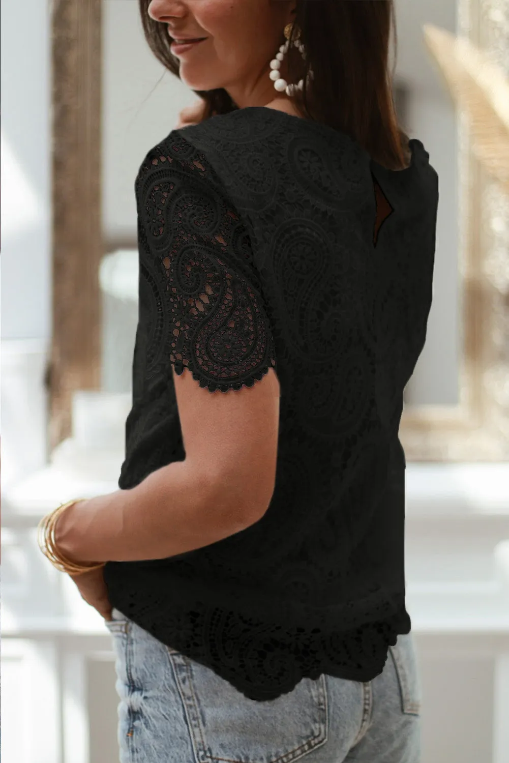 Lace Crochet Overlay Casual Short Sleeves Top