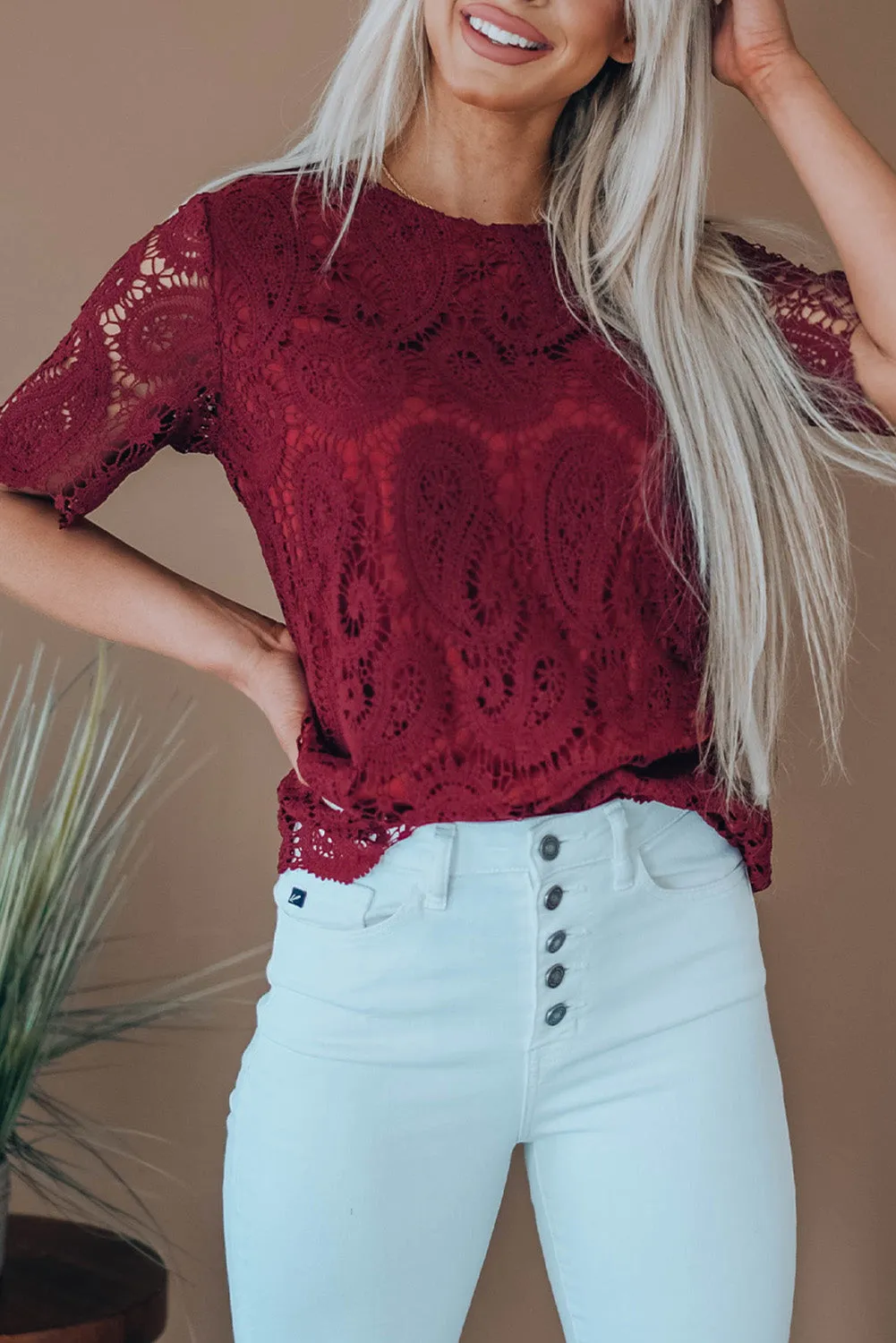 Lace Crochet Overlay Casual Short Sleeves Top