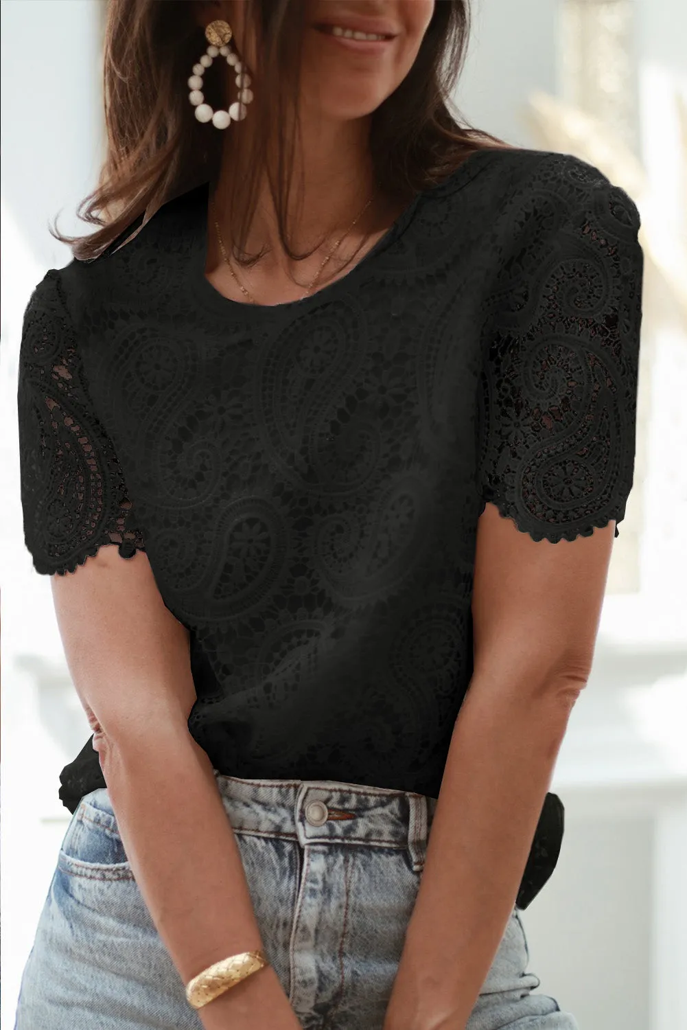 Lace Crochet Overlay Casual Short Sleeves Top