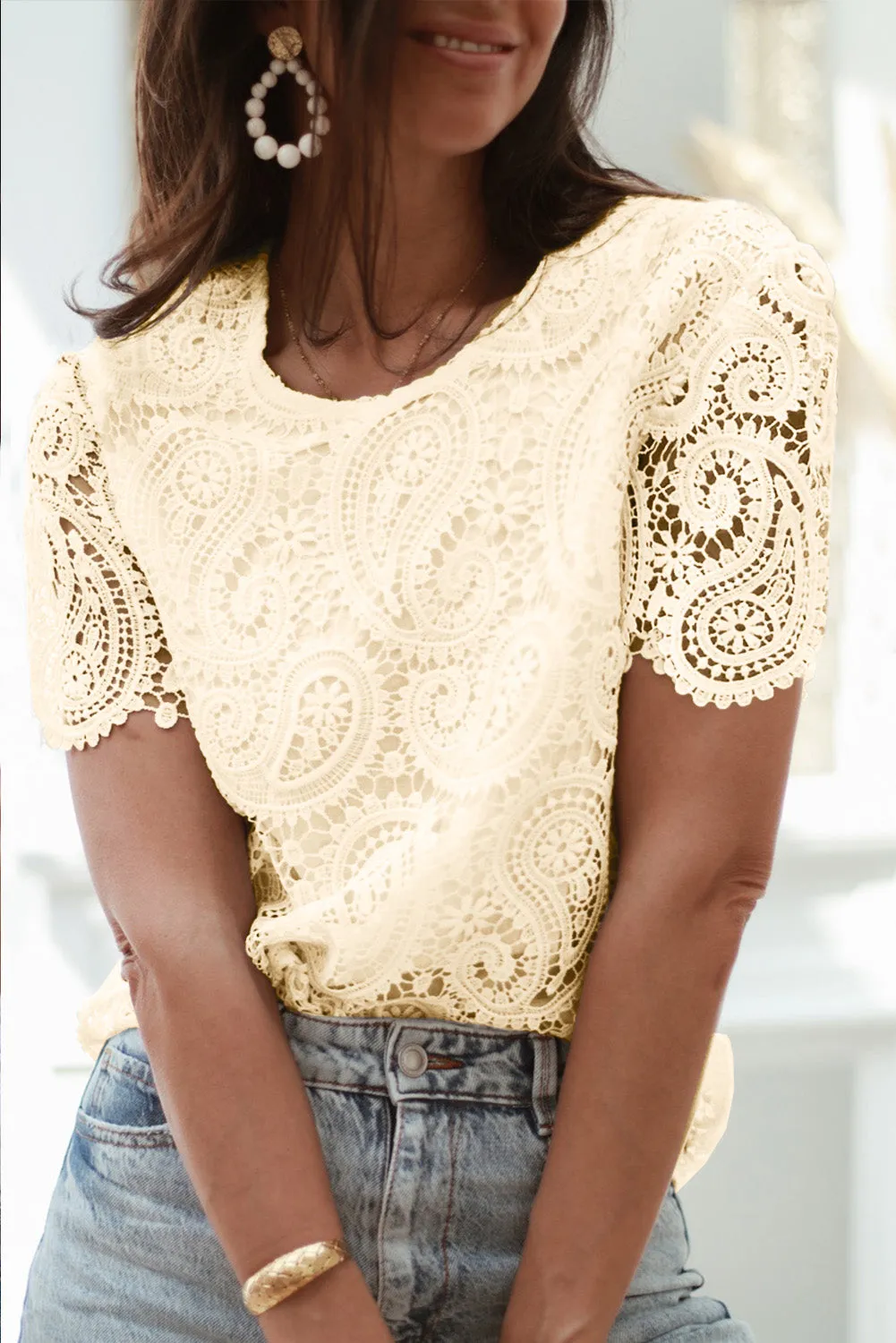 Lace Crochet Overlay Casual Short Sleeves Top