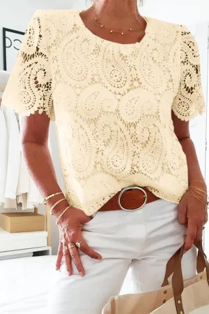 Lace Crochet Overlay Casual Short Sleeves Top