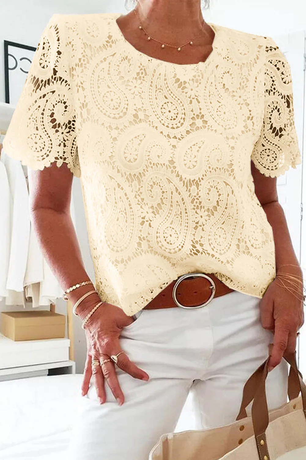 Lace Crochet Overlay Casual Short Sleeves Top