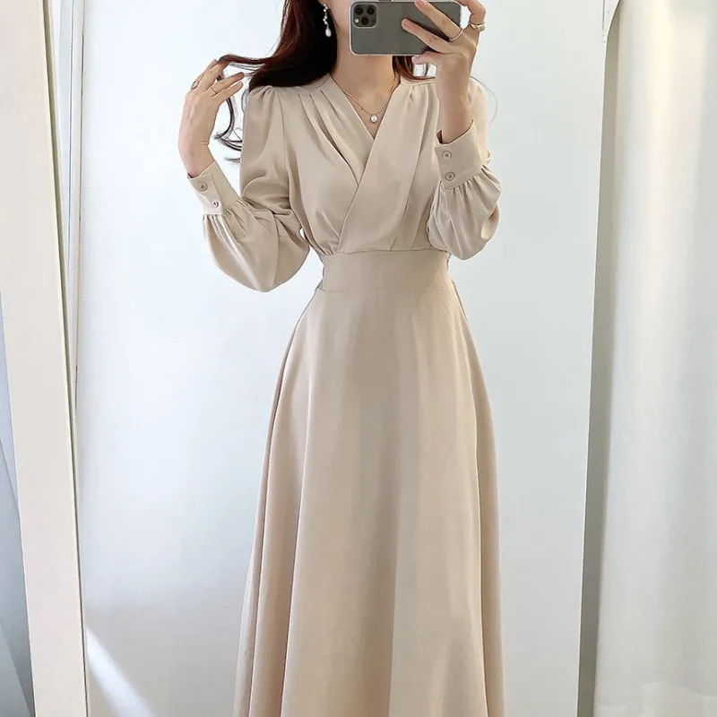 Ladies Solid Color V-neck Puff Sleeve A-line Maxi Dress