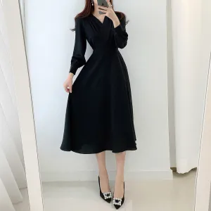 Ladies Solid Color V-neck Puff Sleeve A-line Maxi Dress