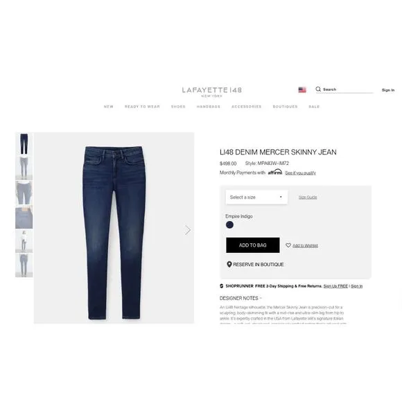 Lafayette 148 &quot;L148 DENIM MERCER SKINNY JEAN&quot; in Gray, Size 12 / 31, MSRP $498