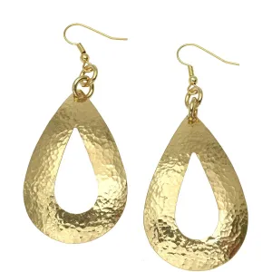Large Hammered Open Tear Drop Nu Gold Brass Earrings