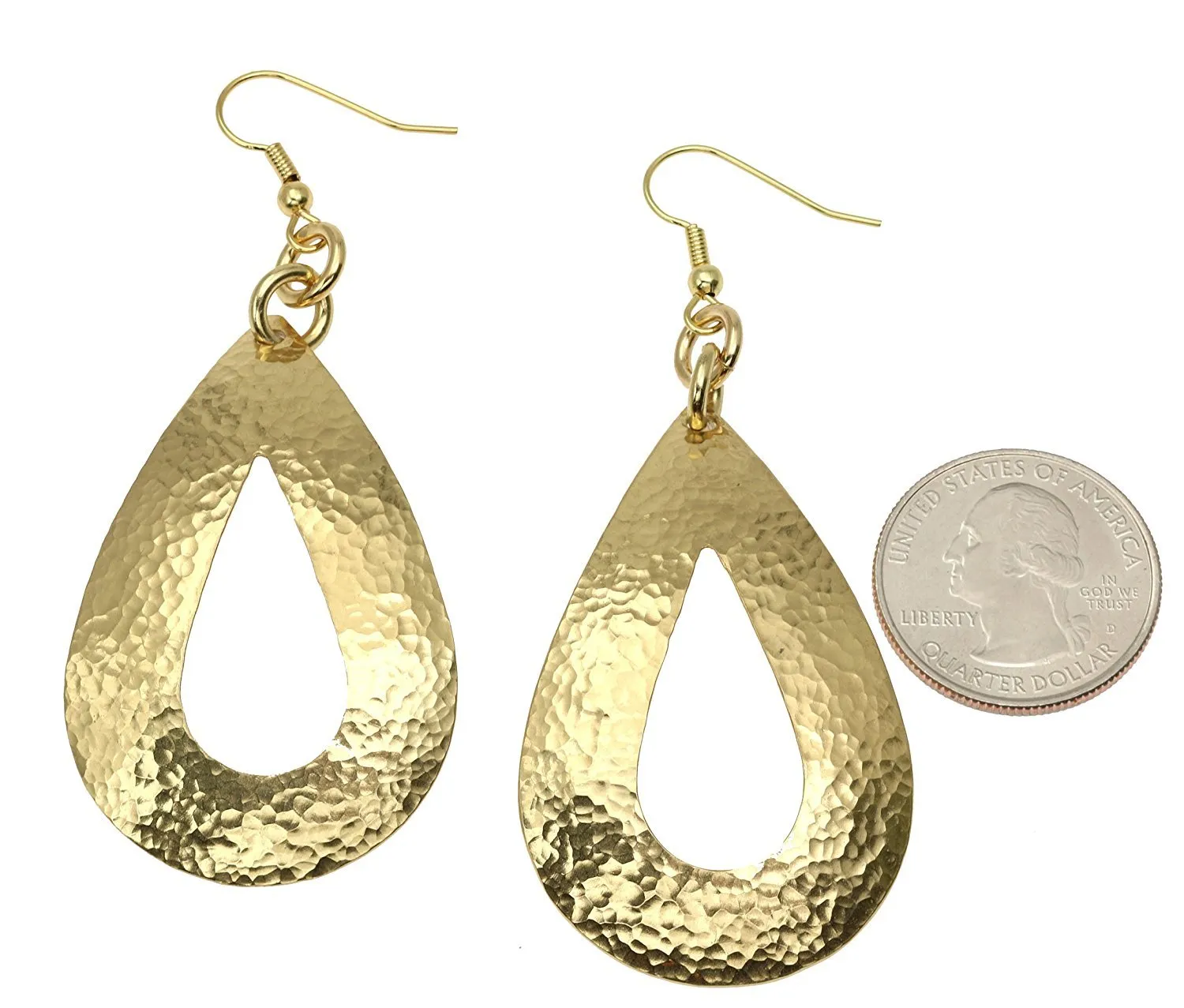 Large Hammered Open Tear Drop Nu Gold Brass Earrings