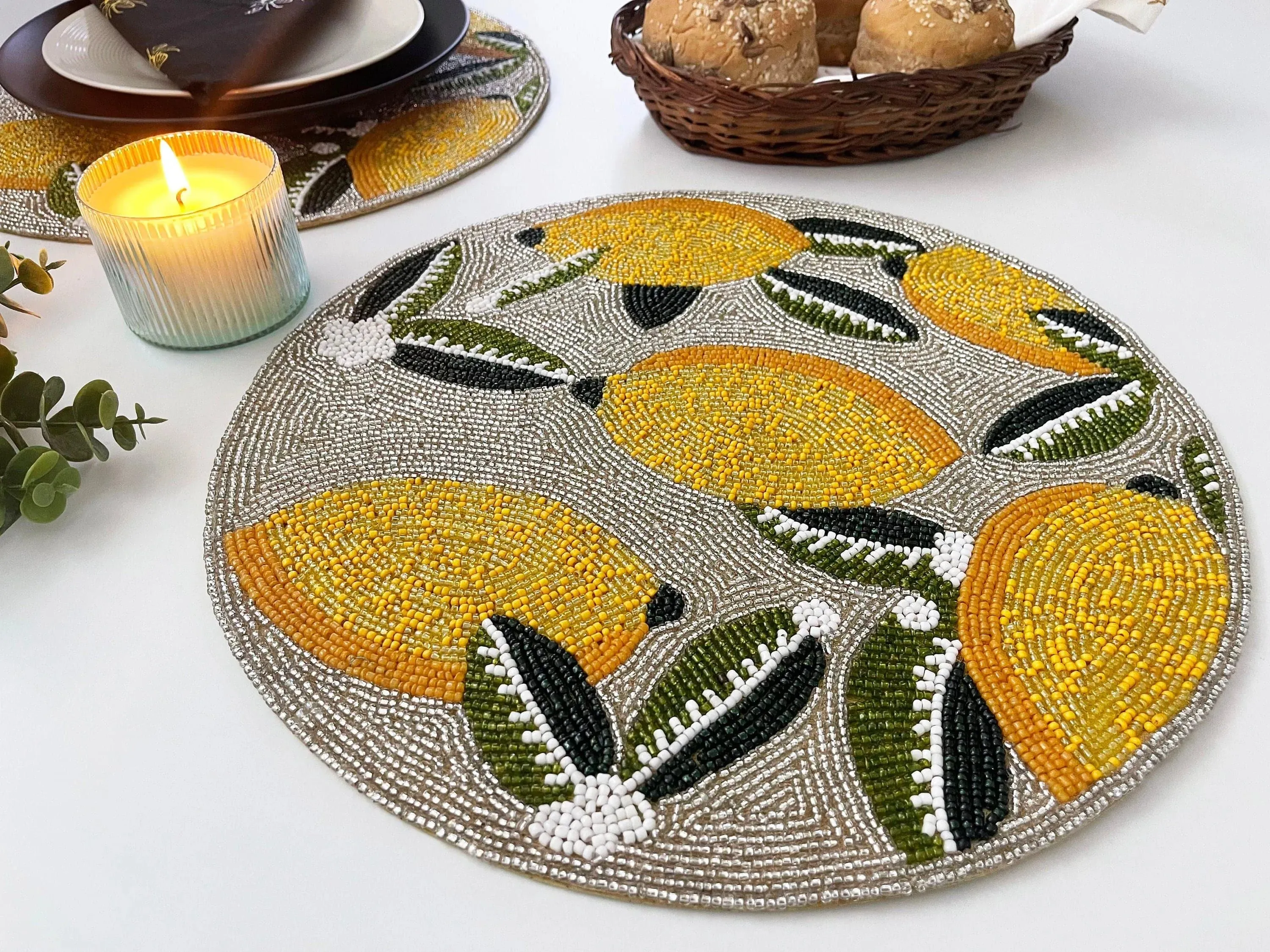 Lemon and Leaf Round Beaded Table Placemat