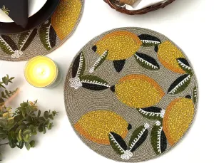 Lemon and Leaf Round Beaded Table Placemat