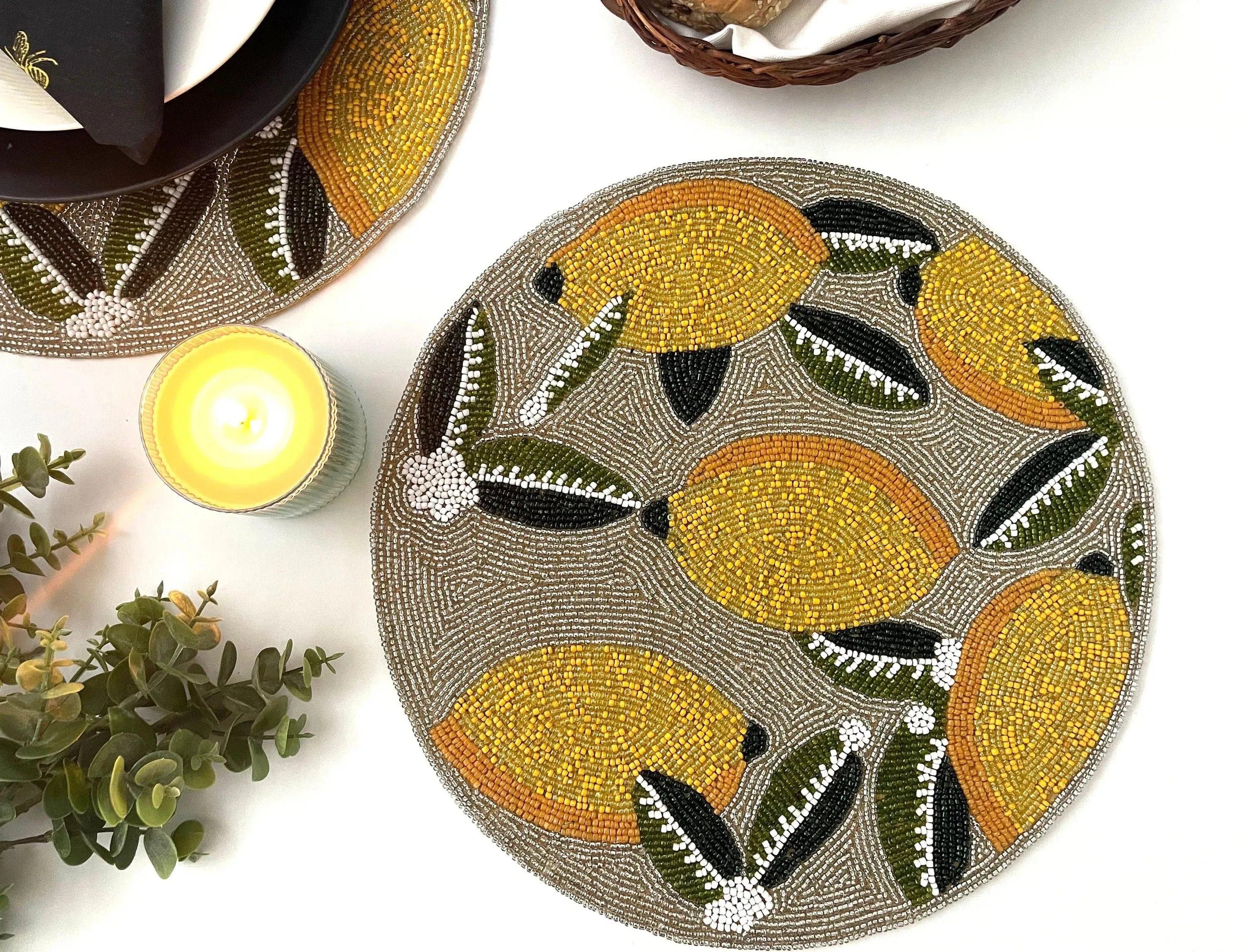 Lemon and Leaf Round Beaded Table Placemat