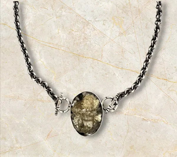Lemon Quartz and Pyrite rough set in an oval Sterling silver bezel with handmade chain