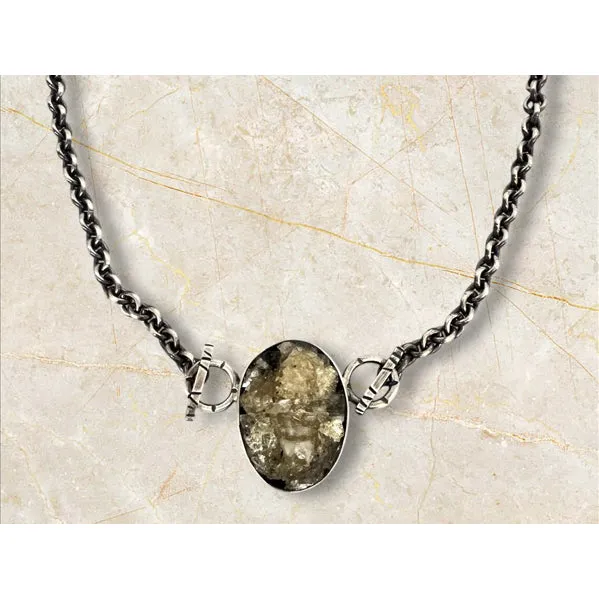 Lemon Quartz and Pyrite rough set in an oval Sterling silver bezel with handmade chain