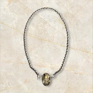 Lemon Quartz and Pyrite rough set in an oval Sterling silver bezel with handmade chain