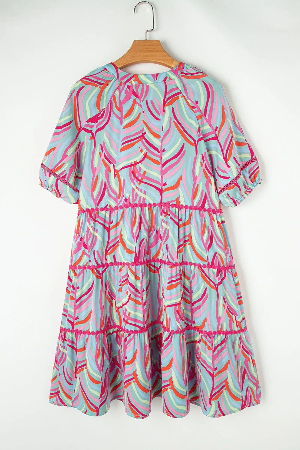 Light Blue Abstract Printed Ricrac Tiered Puff Sleeve Dress