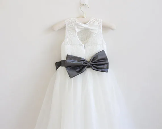 Light Ivory Lace Tulle Long Sleeveless Flower Girl Dresses With Dark Grey Sash/Bows OK212