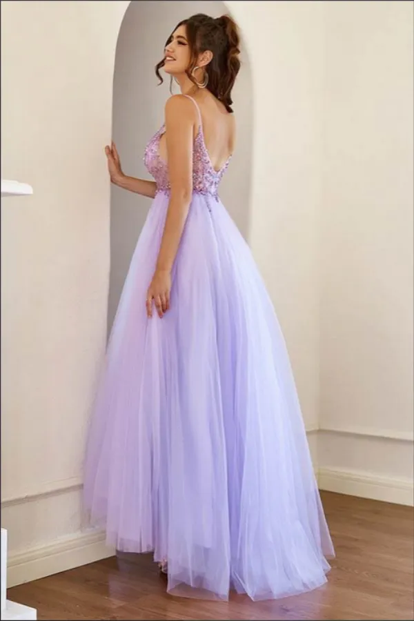 Lilac Tulle A line Long Prom Dresses With Beading, Long Formal Dresses APP0715