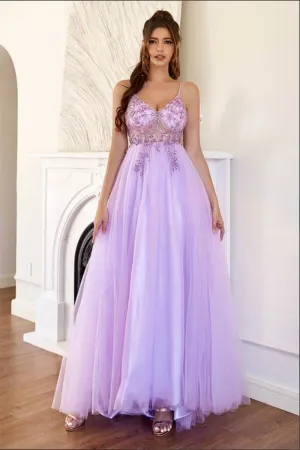 Lilac Tulle A line Long Prom Dresses With Beading, Long Formal Dresses APP0715