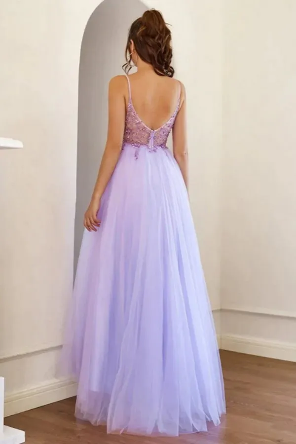 Lilac Tulle A line Long Prom Dresses With Beading, Long Formal Dresses APP0715
