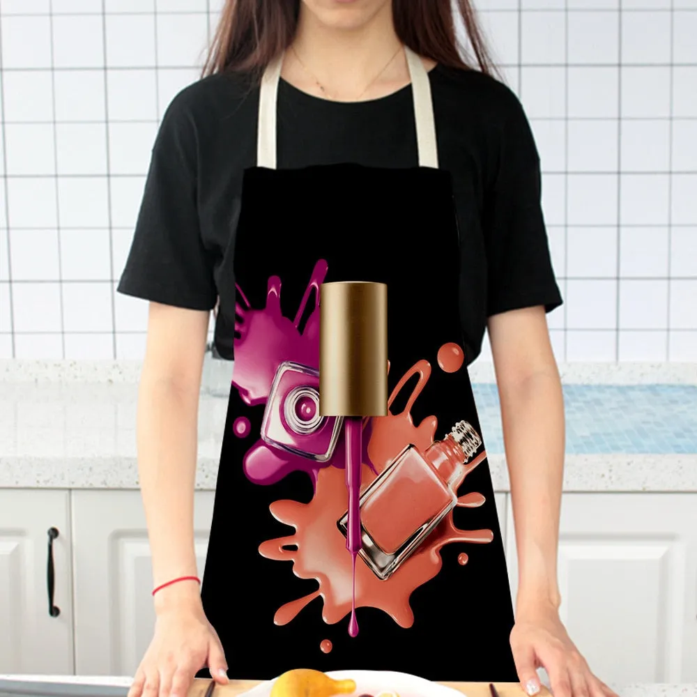 Lipstick Perfume Sexy Printed Linen Black Kitchen Apron Woman Work Dress Colorful Geometry Custom Cooking Baking Accessories