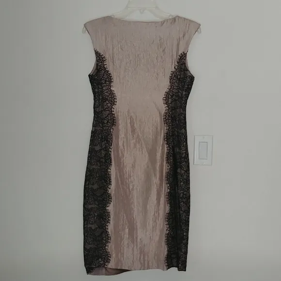 London Times Sheath Layered Beige Rayon Black Lace Dress Lined Size 4 Midi