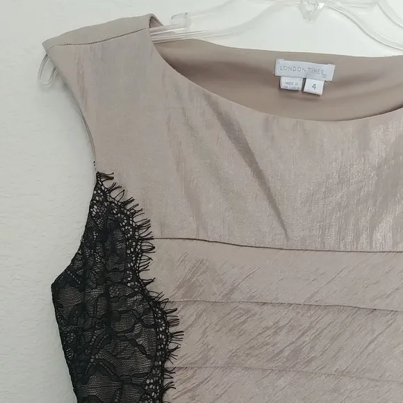 London Times Sheath Layered Beige Rayon Black Lace Dress Lined Size 4 Midi