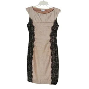 London Times Sheath Layered Beige Rayon Black Lace Dress Lined Size 4 Midi