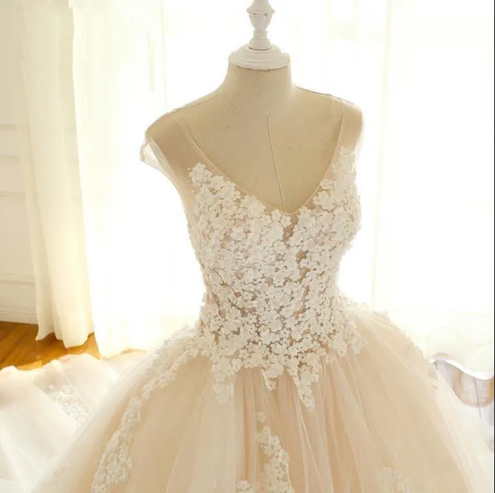 Long Elegant Formal V Neck Wedding Dresses, Asymmetric Back Lace Appliques with Zipper back Bridal Gown , WD0275