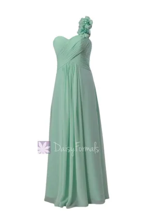 Long Mint Junior Bridesmaid Dress One Shoulder Chiffon Dress W/Handmaid Flowers(FL346)