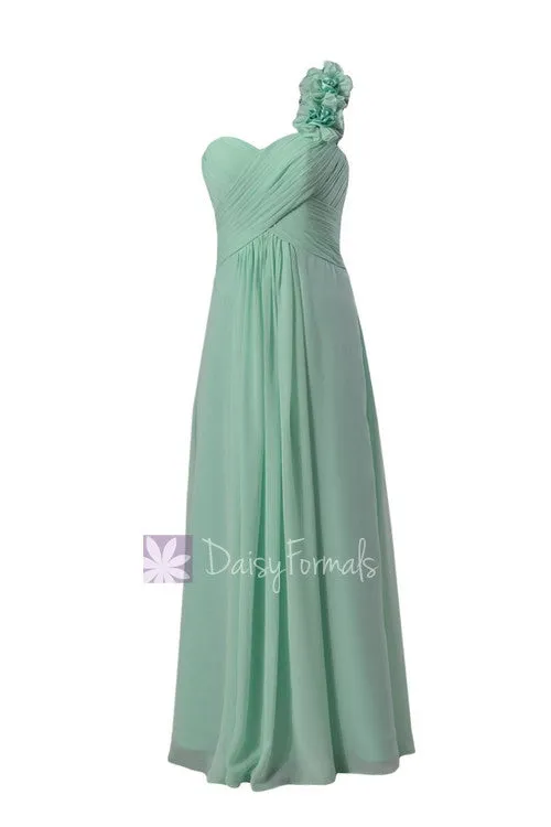 Long Mint Junior Bridesmaid Dress One Shoulder Chiffon Dress W/Handmaid Flowers(FL346)