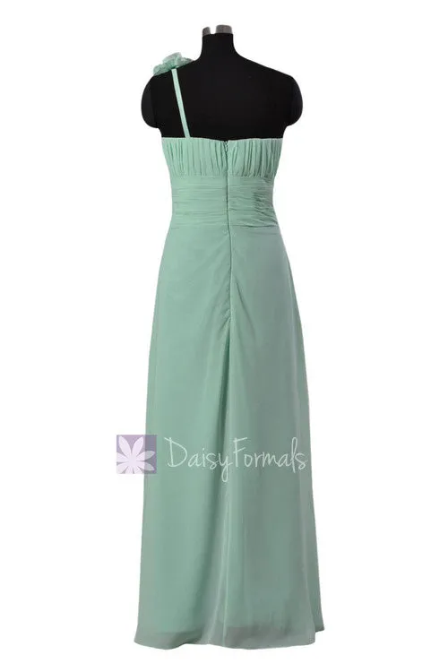 Long Mint Junior Bridesmaid Dress One Shoulder Chiffon Dress W/Handmaid Flowers(FL346)