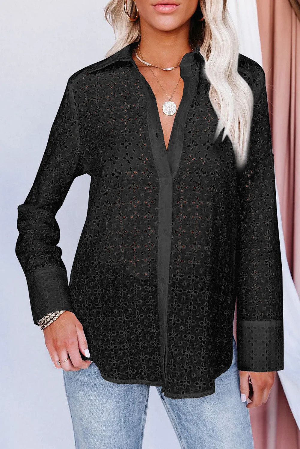 Long Sleeve Eyelet Floral Pattern Hollow-out Shirt
