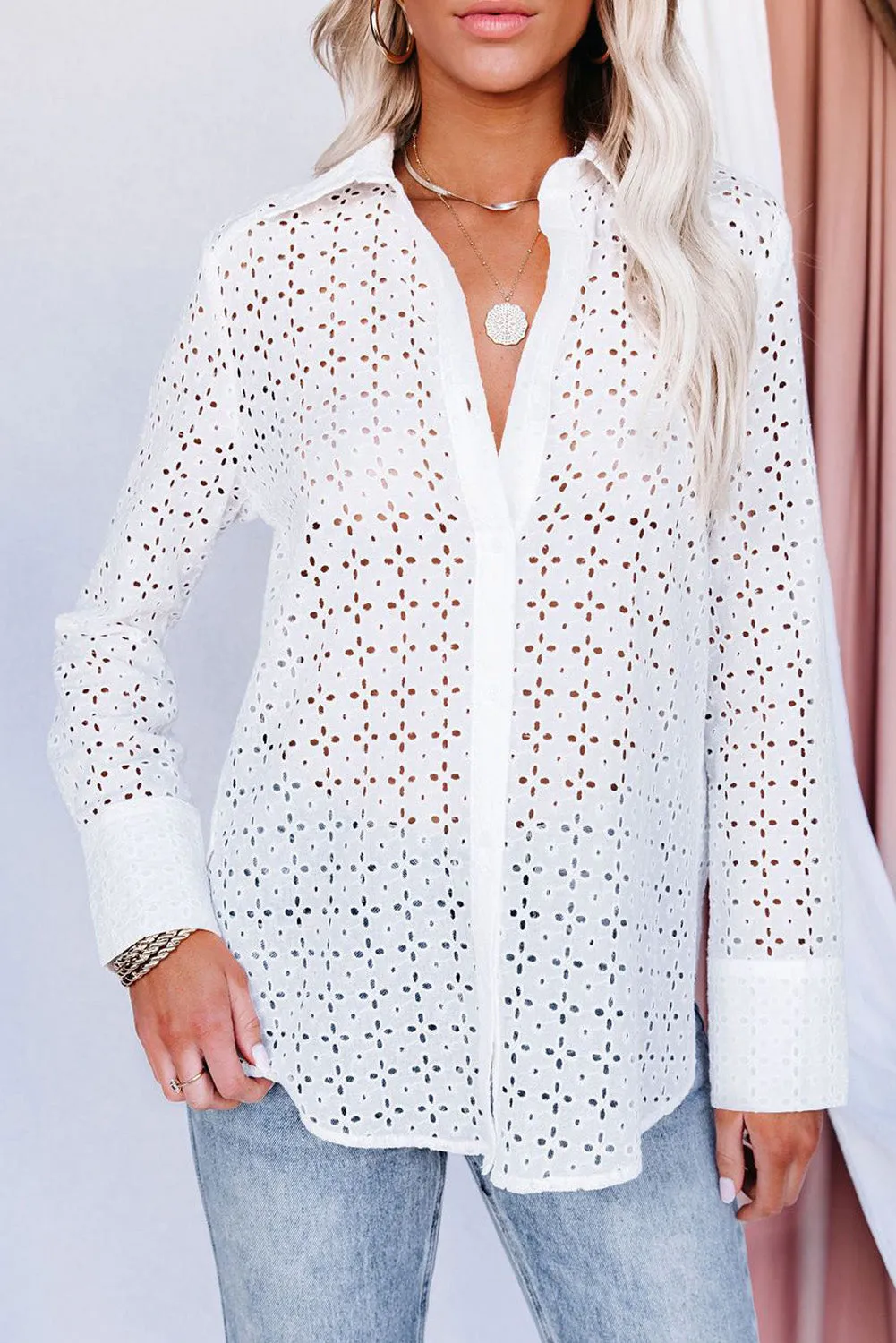 Long Sleeve Eyelet Floral Pattern Hollow-out Shirt