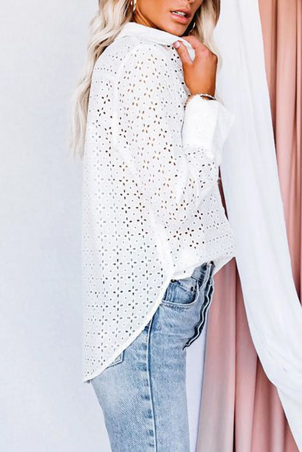 Long Sleeve Eyelet Floral Pattern Hollow-out Shirt