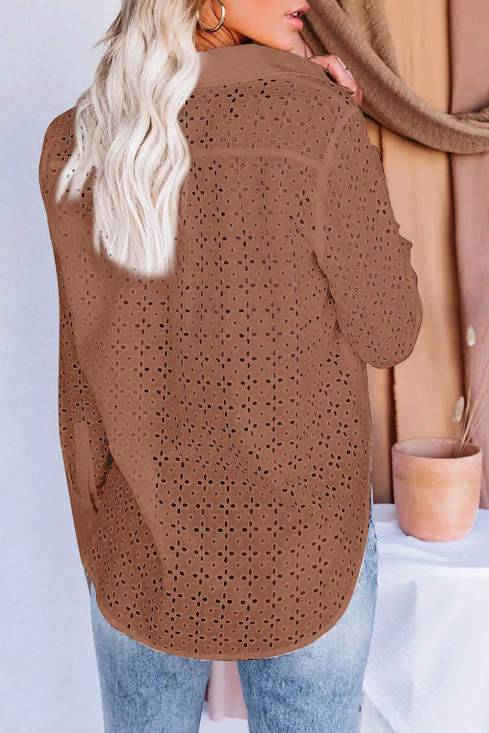 Long Sleeve Eyelet Floral Pattern Hollow-out Shirt
