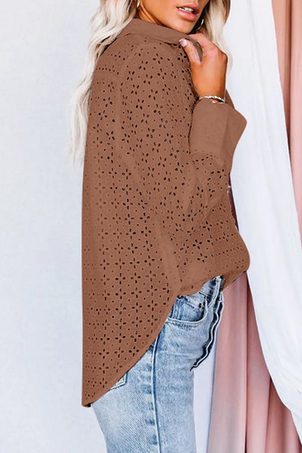 Long Sleeve Eyelet Floral Pattern Hollow-out Shirt