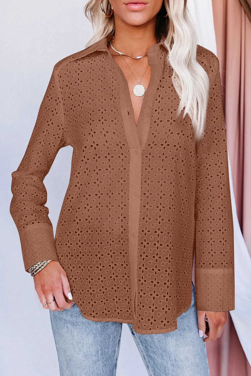 Long Sleeve Eyelet Floral Pattern Hollow-out Shirt