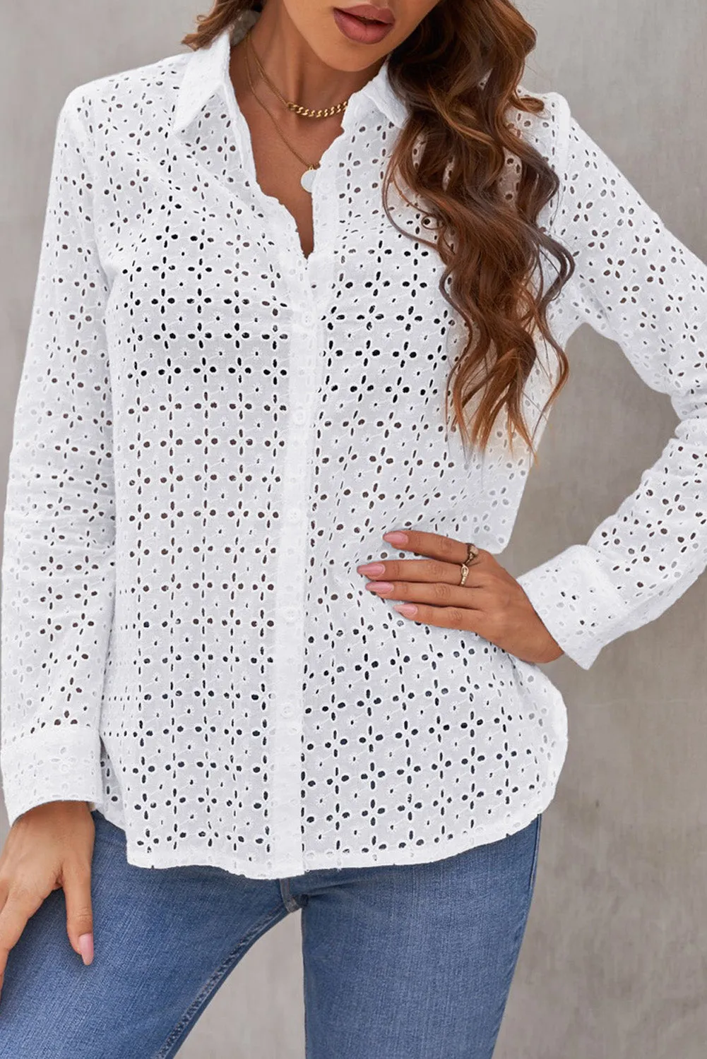 Long Sleeve Eyelet Floral Pattern Hollow-out Shirt