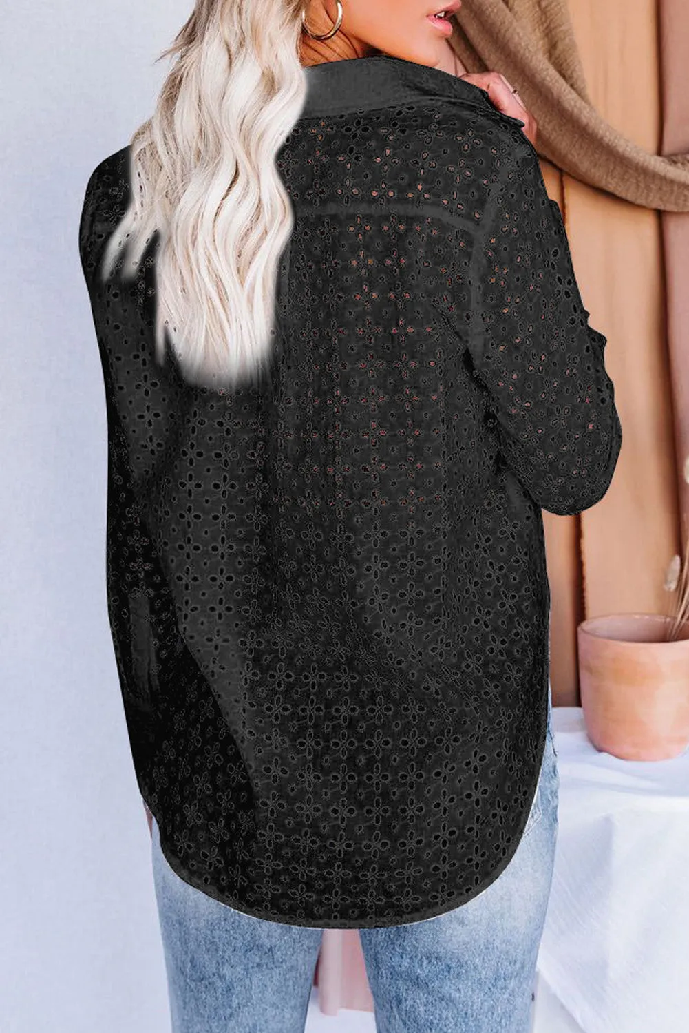 Long Sleeve Eyelet Floral Pattern Hollow-out Shirt