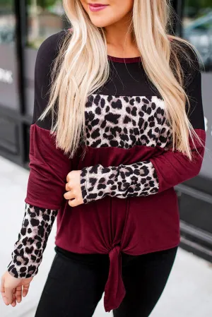 Long Sleeve Leopard Printed Color Block Pullover Blouse