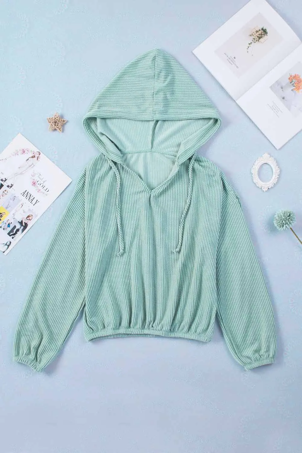 Loose Fit Ribbed V Neck Hoodie