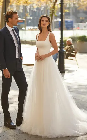 Luciana | Simple A-Line Minimalist Casual Square Tulle Wedding Dress with Sweep Train