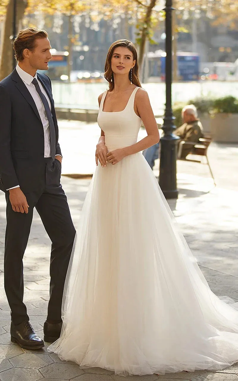 Luciana | Simple A-Line Minimalist Casual Square Tulle Wedding Dress with Sweep Train