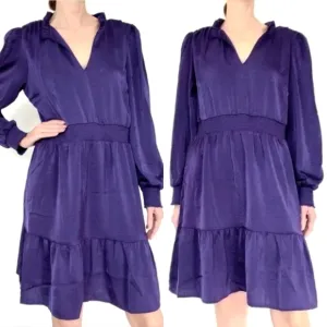 Lucky Brand Satin Ruffle V Neck Dress in Parachute Purple Size Large NWT