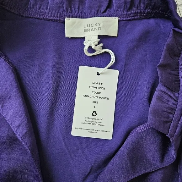 Lucky Brand Satin Ruffle V Neck Dress in Parachute Purple Size Large NWT