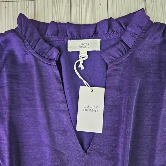 Lucky Brand Satin Ruffle V Neck Dress in Parachute Purple Size Large NWT