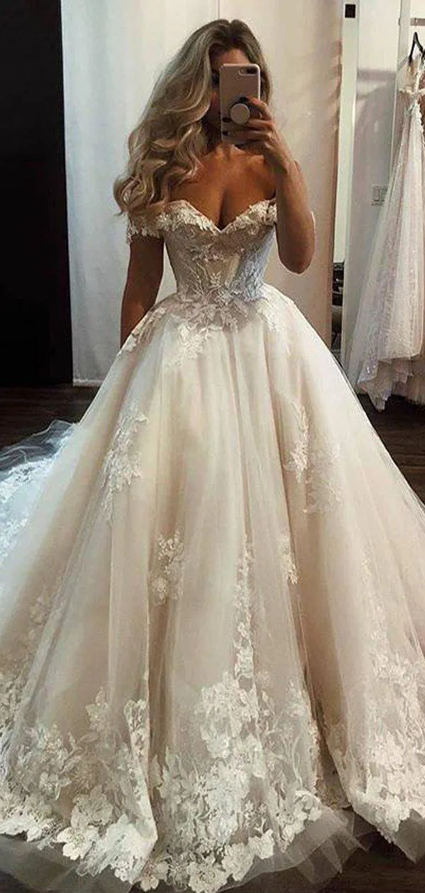 Luxury A-line Lace Off the Shoulder Vintage Long Wedding Dresses, WD0611