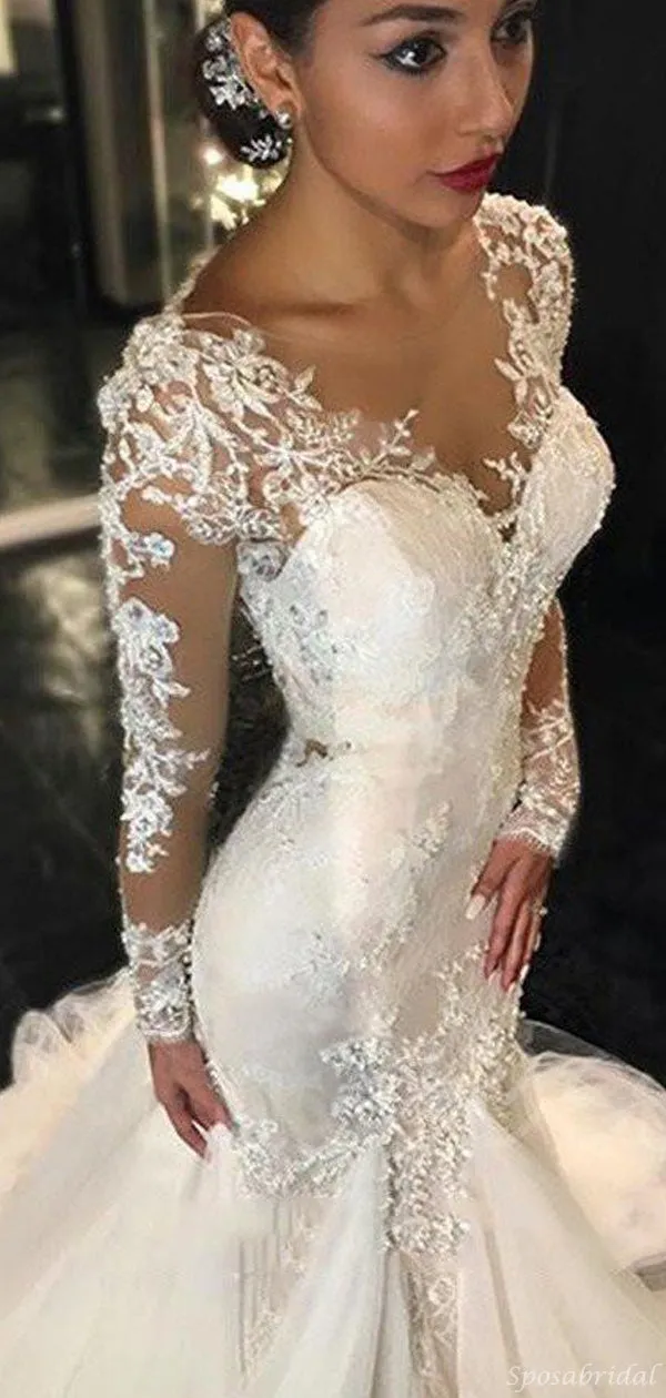 Luxury Illusion Lace Long Sleeve Sexy Mermaid Boho Long Wedding Dresses, WD0198
